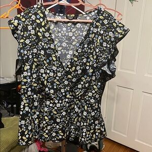 SHEIN Black Floral Wrap Blouse with Yellow & Light Blue Accents